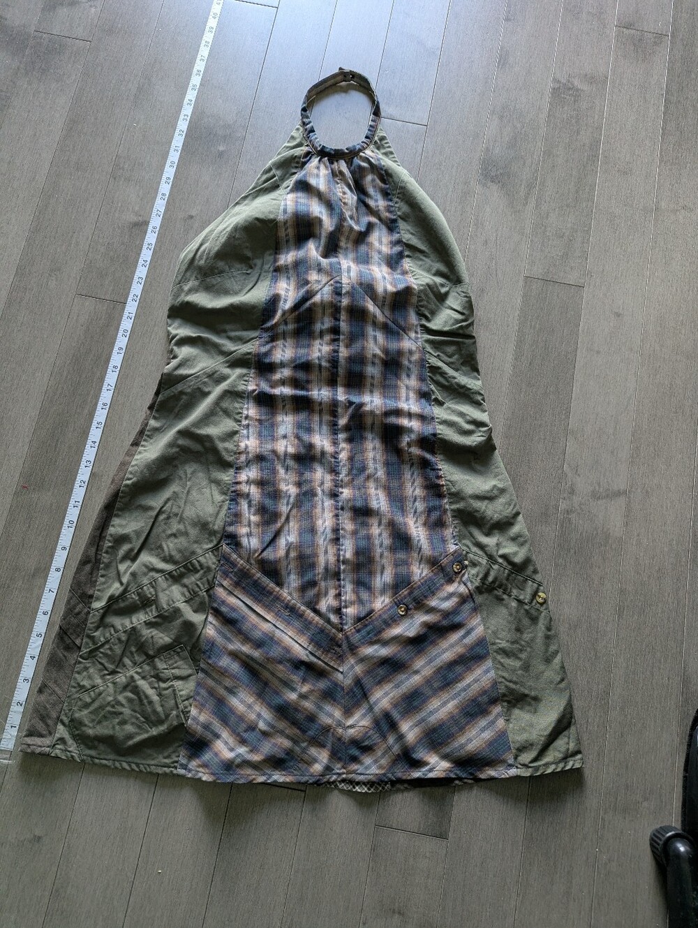 Backless Halter Dress in Olive with Plaid Panel Upcycling Men Shirts